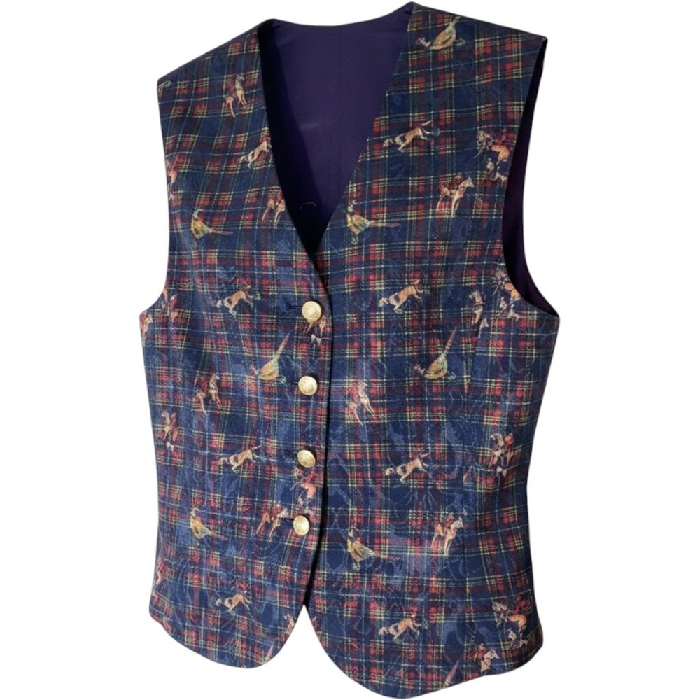 Liz Claiborne Vest Women 4 Blue Plaid Equestrian Hunting Dog Jacquard Vtg